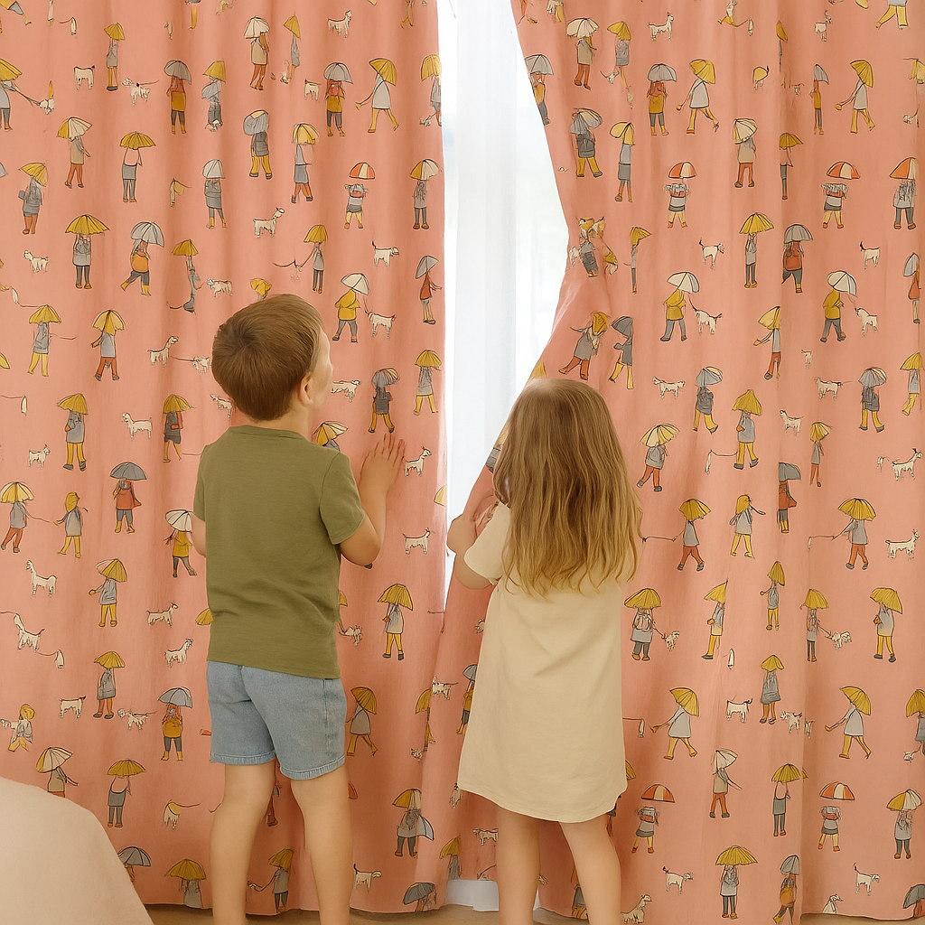 Rainy Day Cotton Kids Curtains – Coral Umbrella & Dog Walker Print, Light-Filtering or 100 % Blackout-4