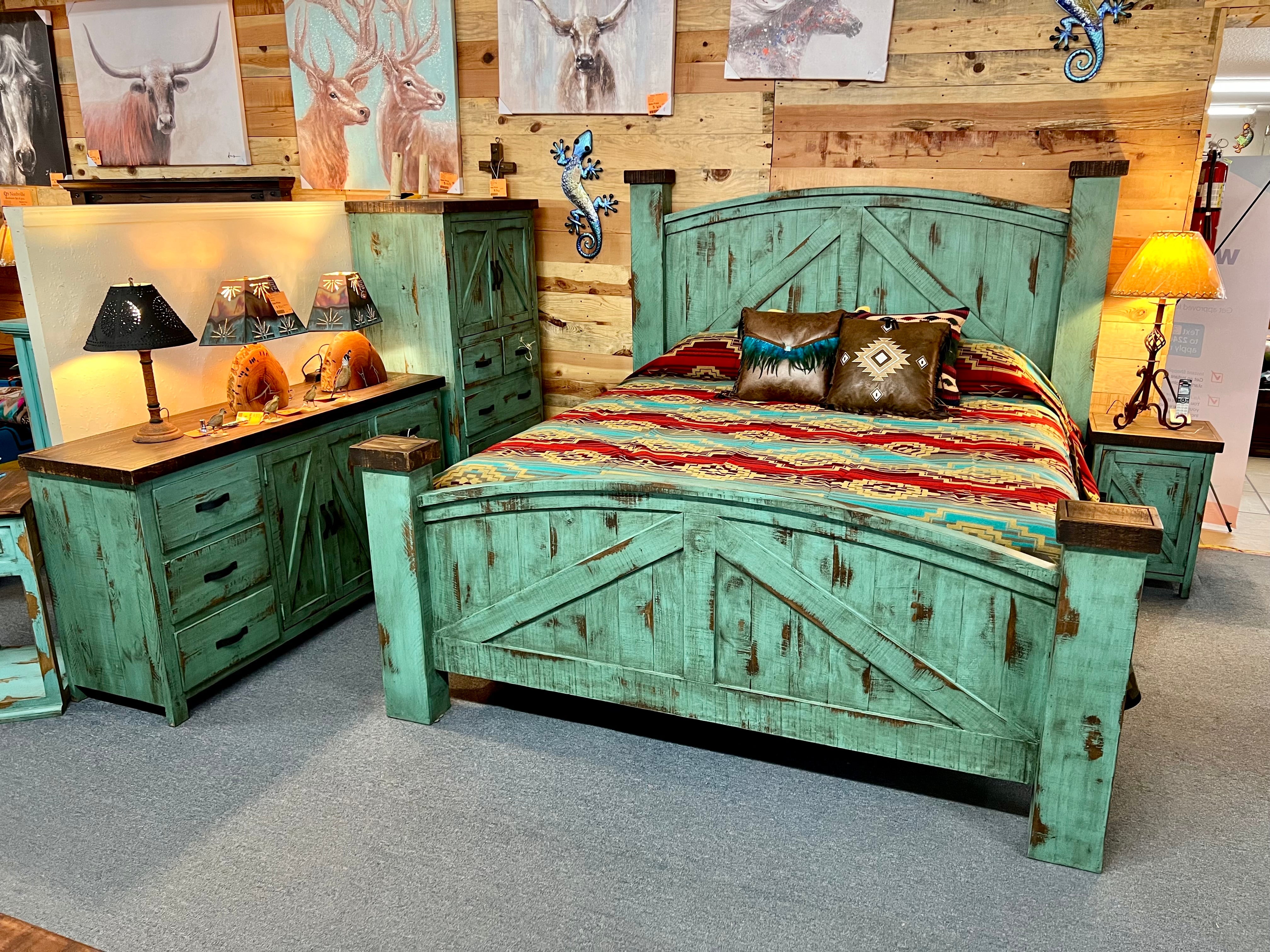Rustic Barn Bedroom Set in Oldie Turquoise 5Pcs