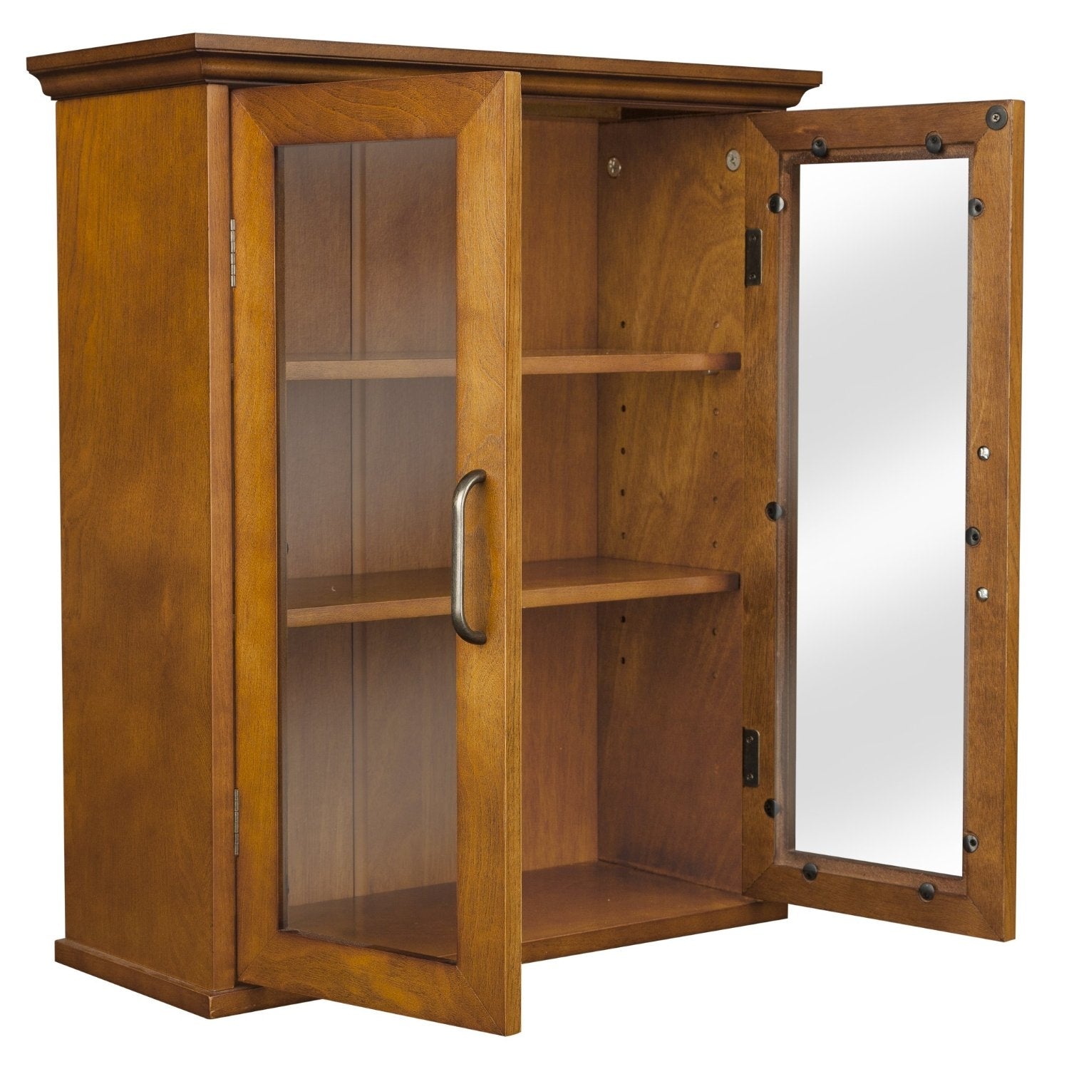 Oak Finish Bathroom Wall Cabinet with Glass 2-Doors & Shelves-1