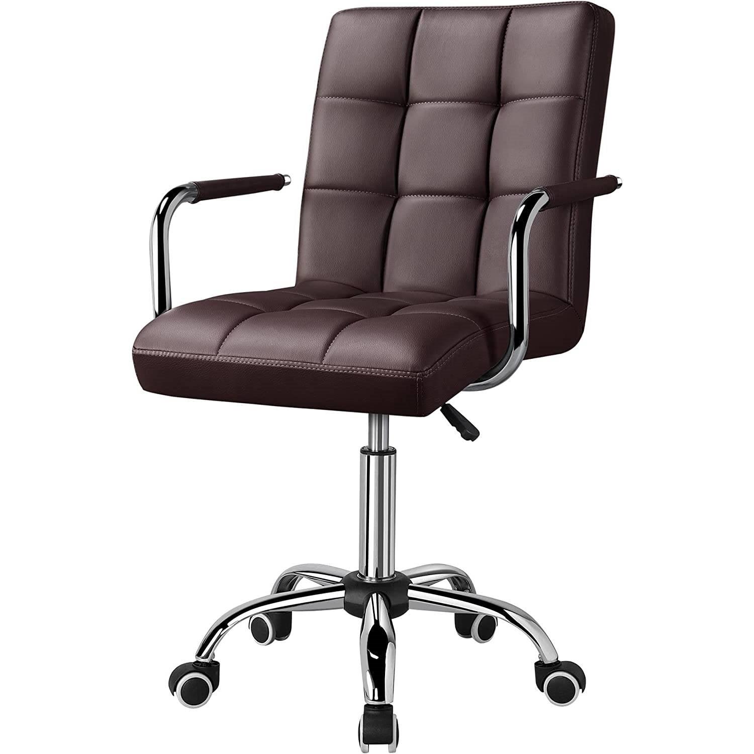 Dark Brown Modern Faux Leather Mid-Back Office Chair with Armrests and Wheels - PRHOMZ