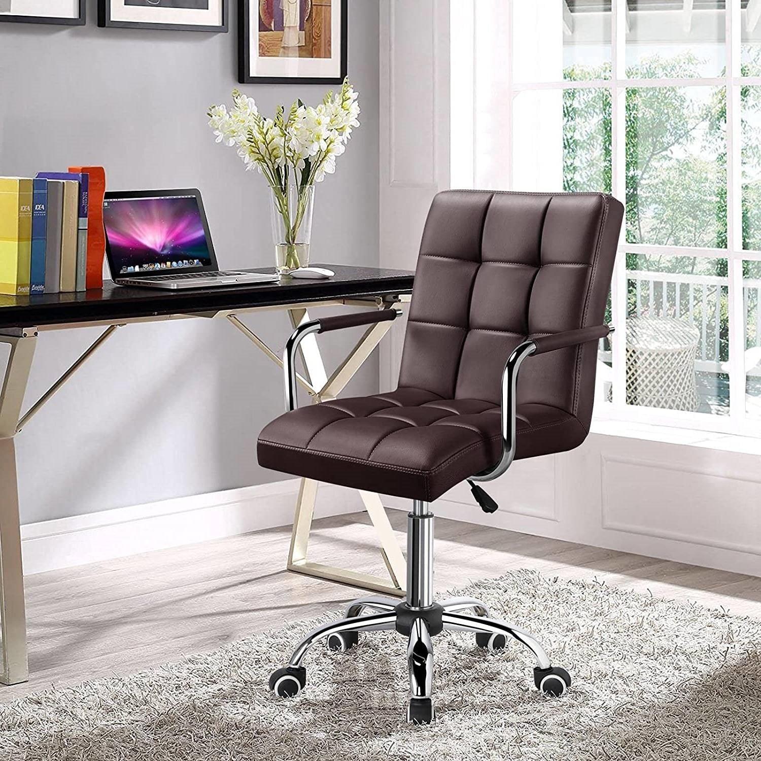 Dark Brown Modern Faux Leather Mid-Back Office Chair with Armrests and Wheels - PRHOMZ