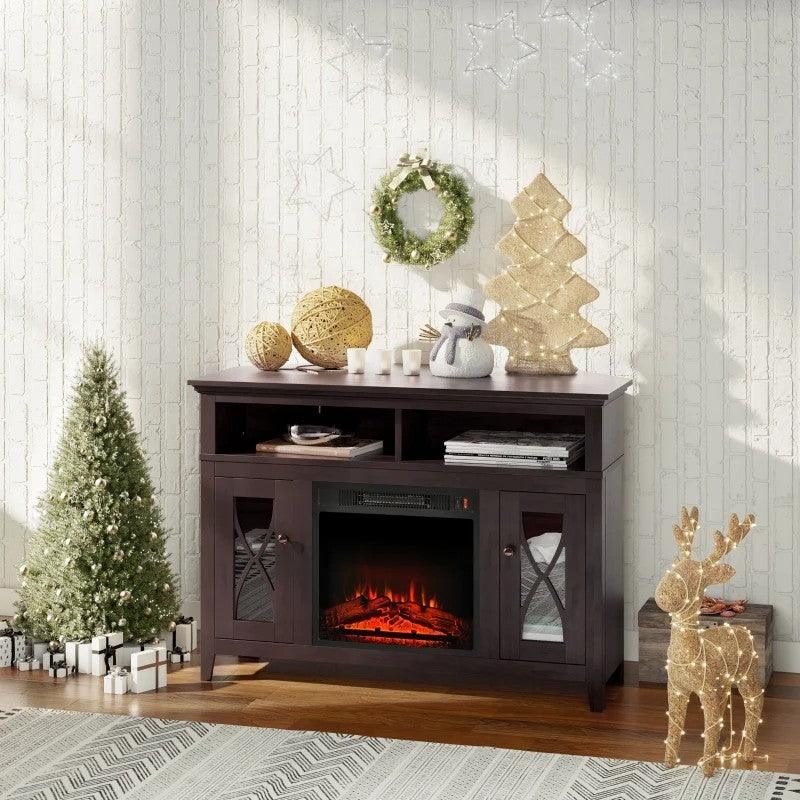 Espresso Electric Fireplace Mantel TV Stand – Adjustable Shelves & 2 Storage Cabinets - PRHOMZ