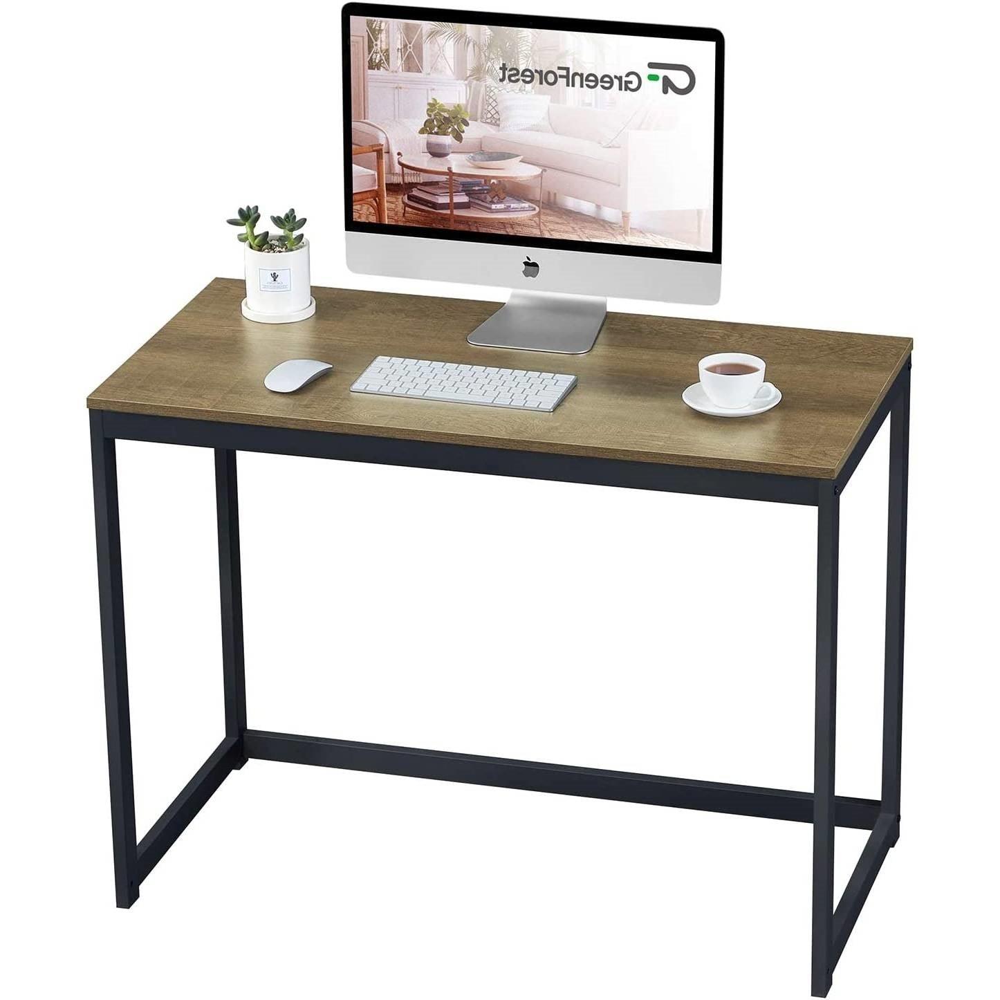 Small Home Office Modern Laptop Computer Desk Table Metal Frame Brown Wood Top - PRHOMZ