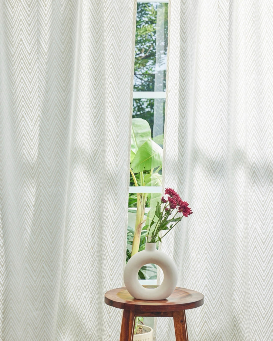 Off-White & Grey Hand Block Printed Linen Curtains | Chevron Pattern-1