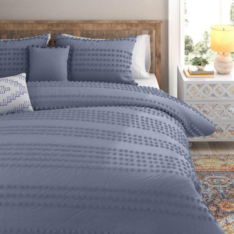 King size 5-Piece 100-Percent Cotton Clip Dot Boho Comforter Set in Denim Blue - PRHOMZ
