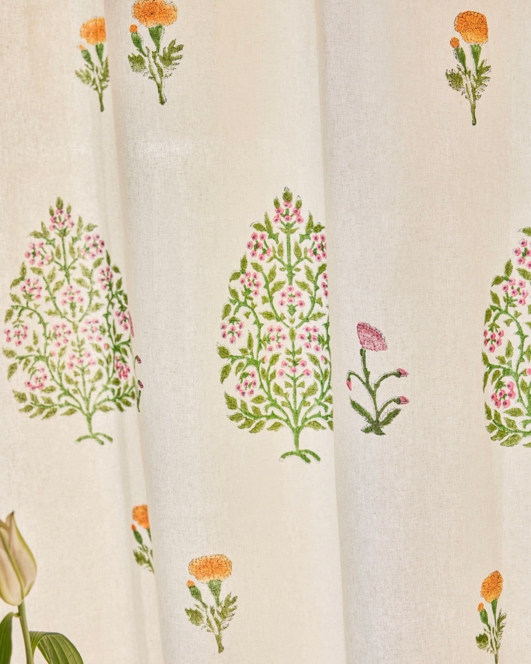 Hand Block Printed Linen Curtains | Tree & Floral Motif | Light Filtering Opaque For Privacy-4