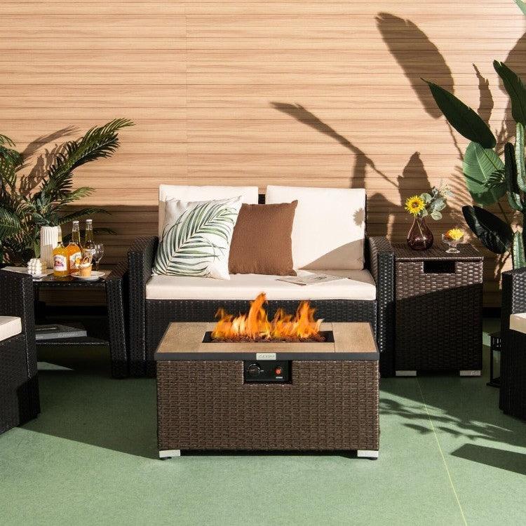 Outdoor Propane Fire Pit with Side Table Tank Holder in Brown PE Rattan - PRHOMZ
