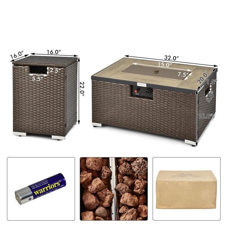 Outdoor Propane Fire Pit with Side Table Tank Holder in Brown PE Rattan - PRHOMZ
