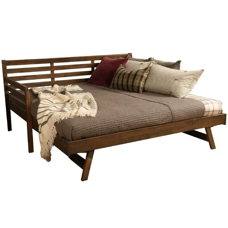 Solid Wood Daybed Frame with Twin Pop-Up Trundle Bed in Walnut Finish - PRHOMZ