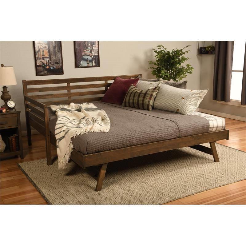 Solid Wood Daybed Frame with Twin Pop-Up Trundle Bed in Walnut Finish - PRHOMZ