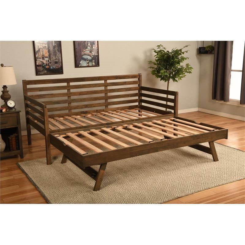 Solid Wood Daybed Frame with Twin Pop-Up Trundle Bed in Walnut Finish - PRHOMZ