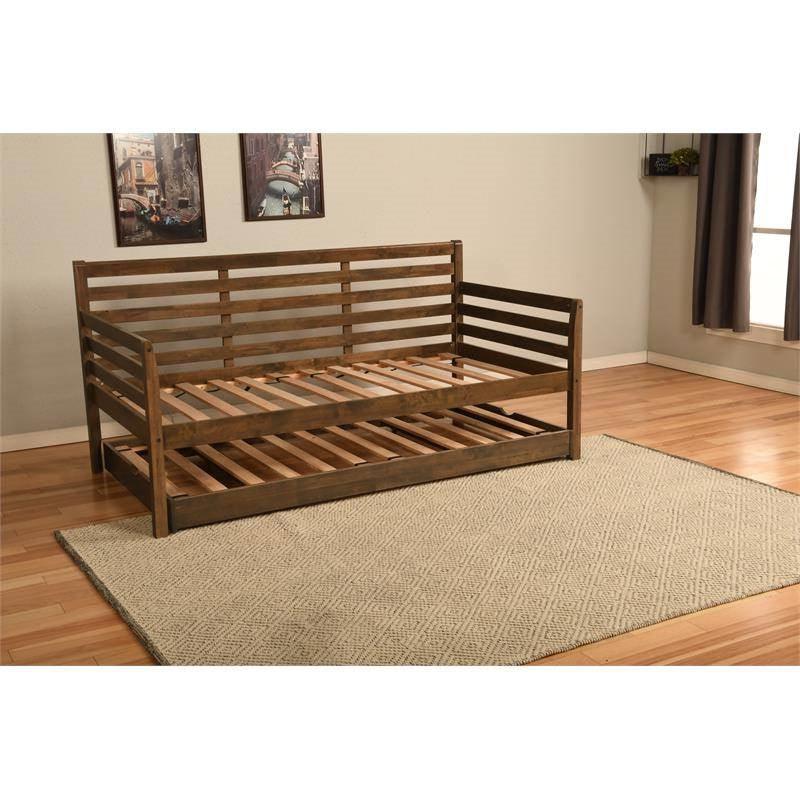 Solid Wood Daybed Frame with Twin Pop-Up Trundle Bed in Walnut Finish - PRHOMZ
