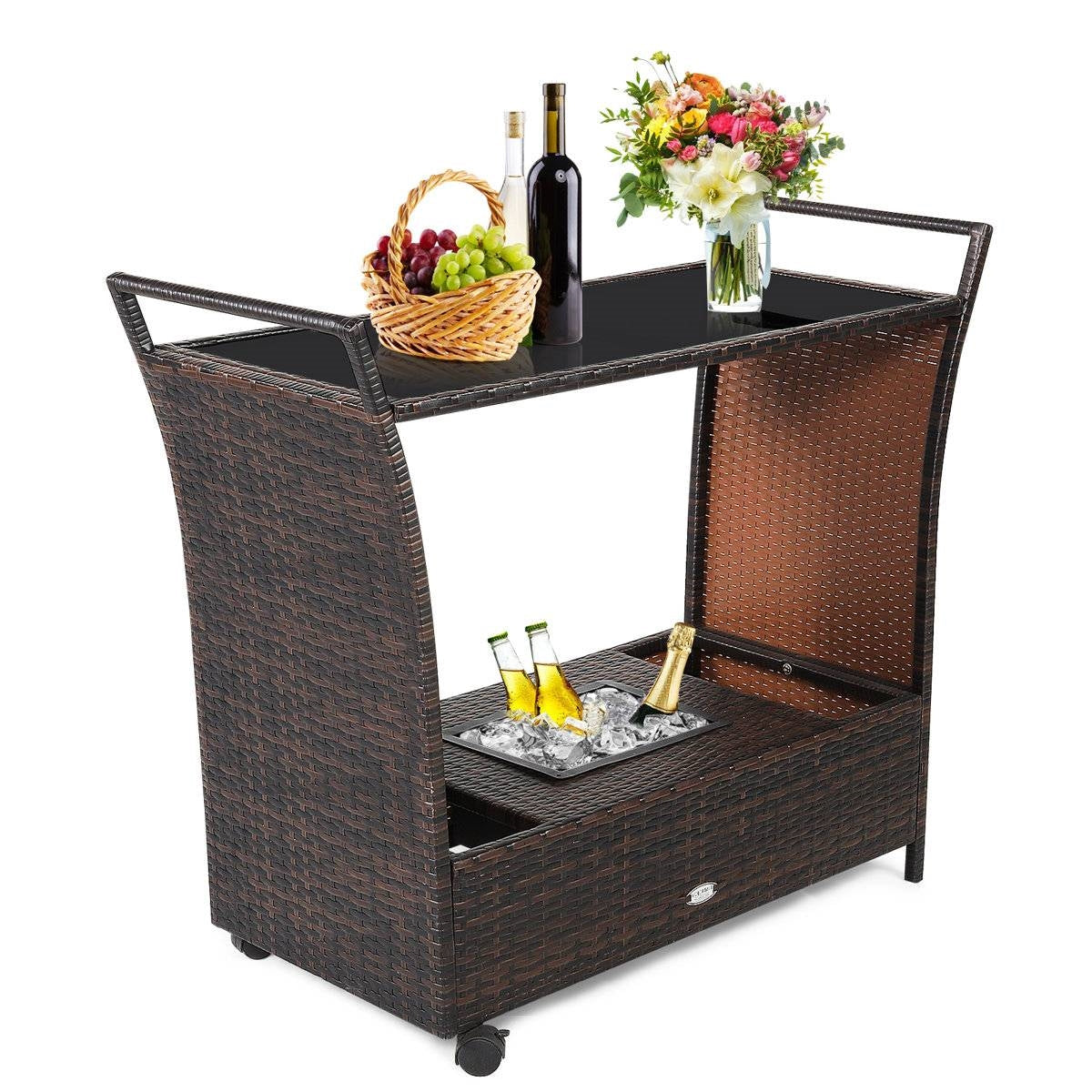Outdoor Sturdy Resin Wicker Serving Bar Cart Brown Rattan-0