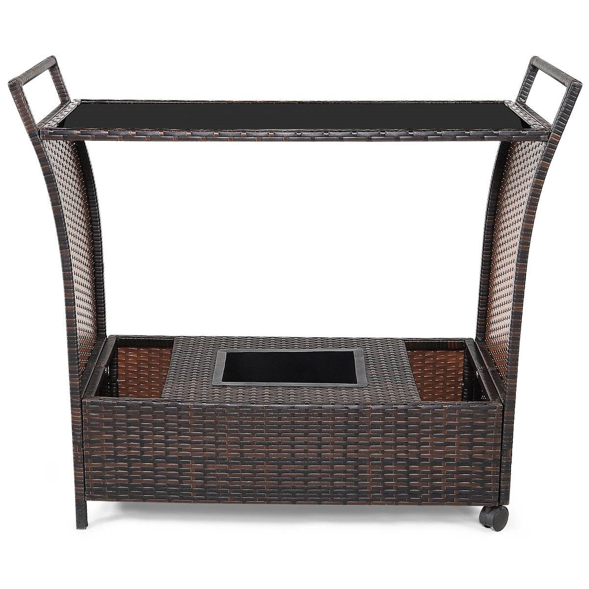 Outdoor Sturdy Resin Wicker Serving Bar Cart Brown Rattan-1