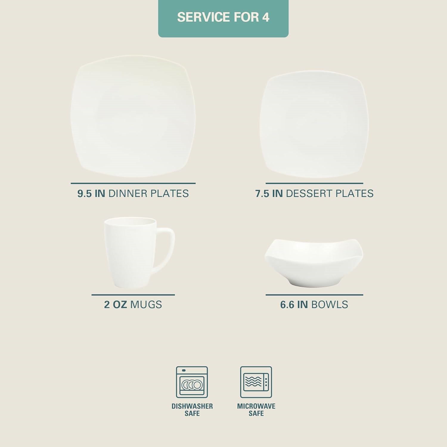 16 Pieces - White Square Porcelain Dinnerware Set - Service for 4-4