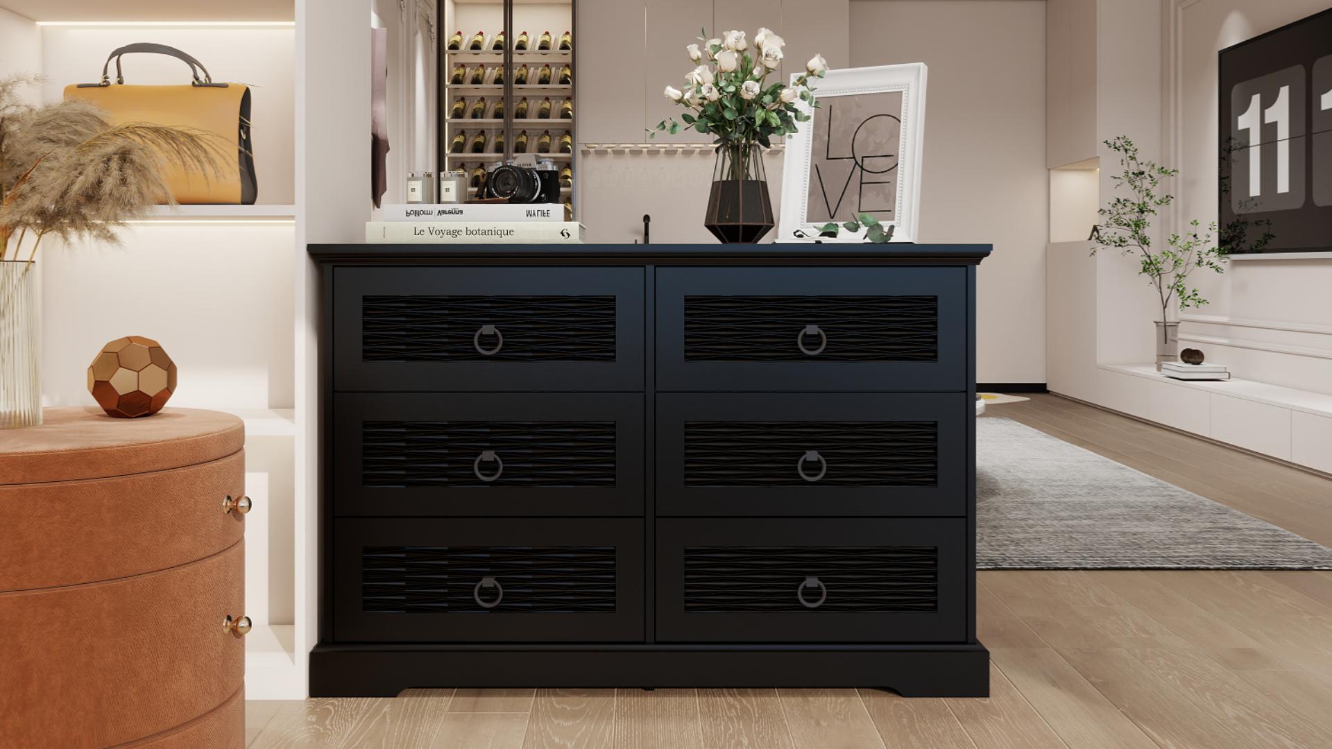 47" Wide Farmhouse Wood Drawer Dresser with 6 Drawers | Tall Chest of Drawers for Bedroom, Living Room & Entryway - PRHOMZ