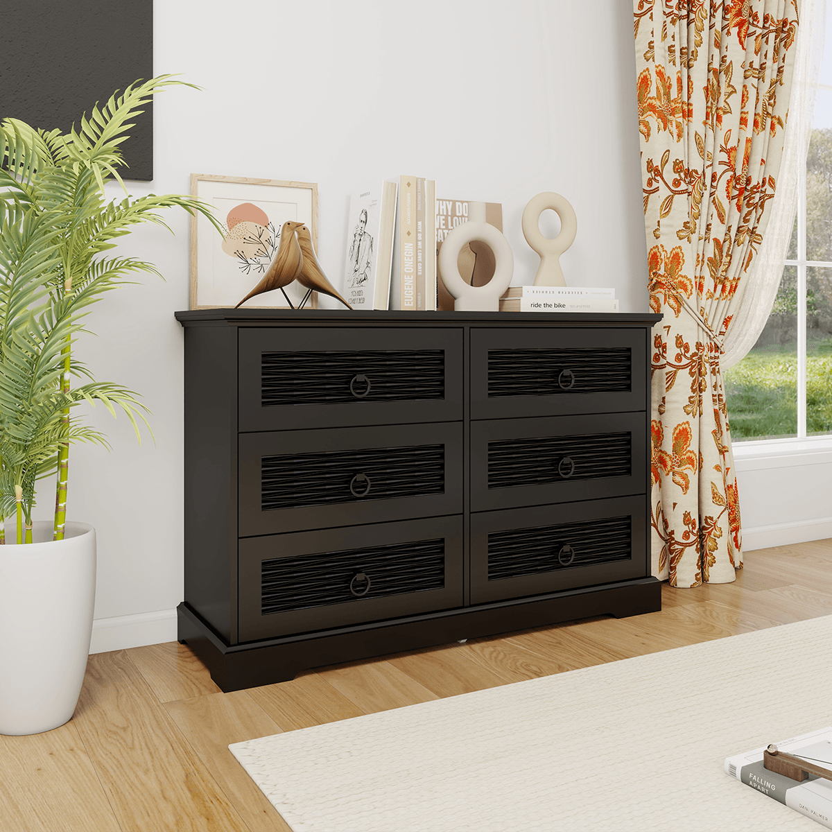 47" Wide Farmhouse Wood Drawer Dresser with 6 Drawers | Tall Chest of Drawers for Bedroom, Living Room & Entryway - PRHOMZ