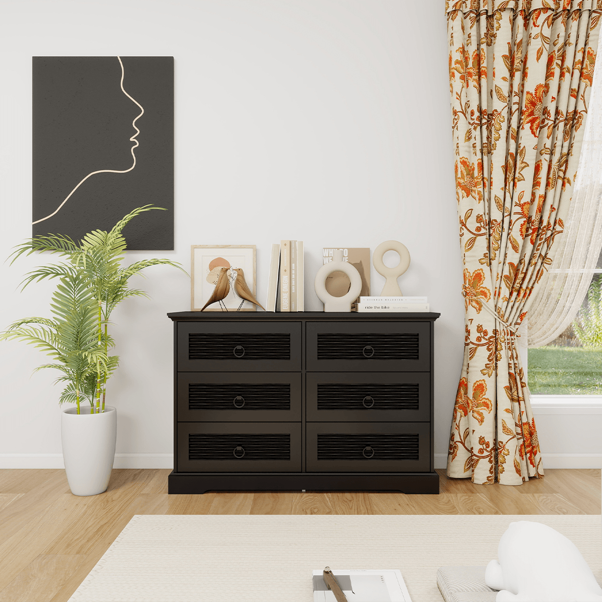 47" Wide Farmhouse Wood Drawer Dresser with 6 Drawers | Tall Chest of Drawers for Bedroom, Living Room & Entryway - PRHOMZ