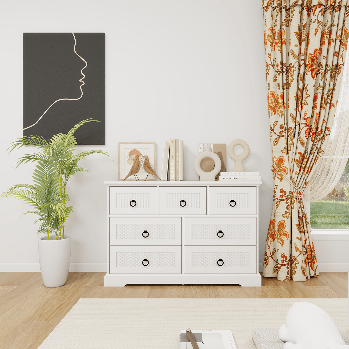 Modern 7-Drawer Dresser – 47" Wide Farmhouse Chest for Bedroom, Living Room, Entryway – White Tall Storage Cabinet - PRHOMZ