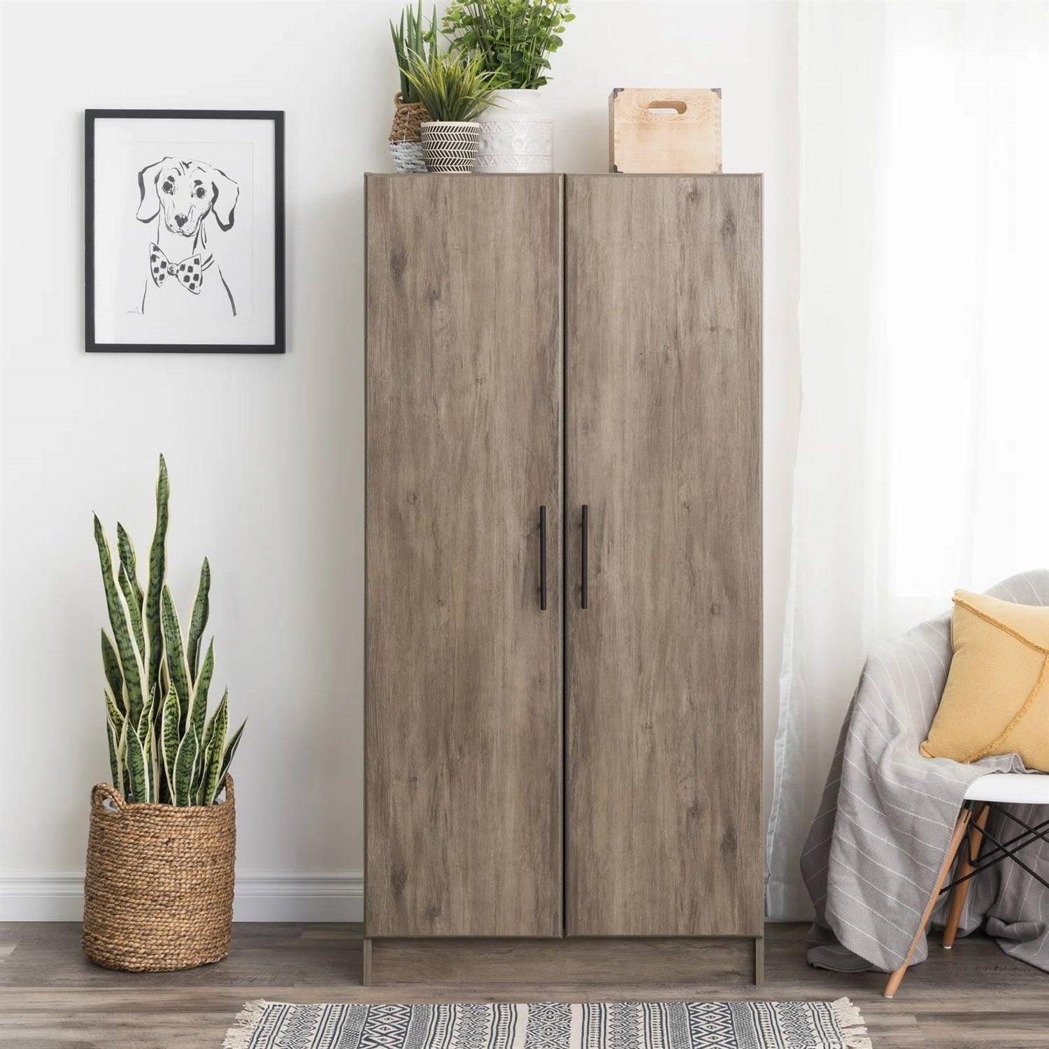 Bedroom Armoire Wardrobe Cabinet with Hanging Rail in Grey Brown Wood Finish - PRHOMZ