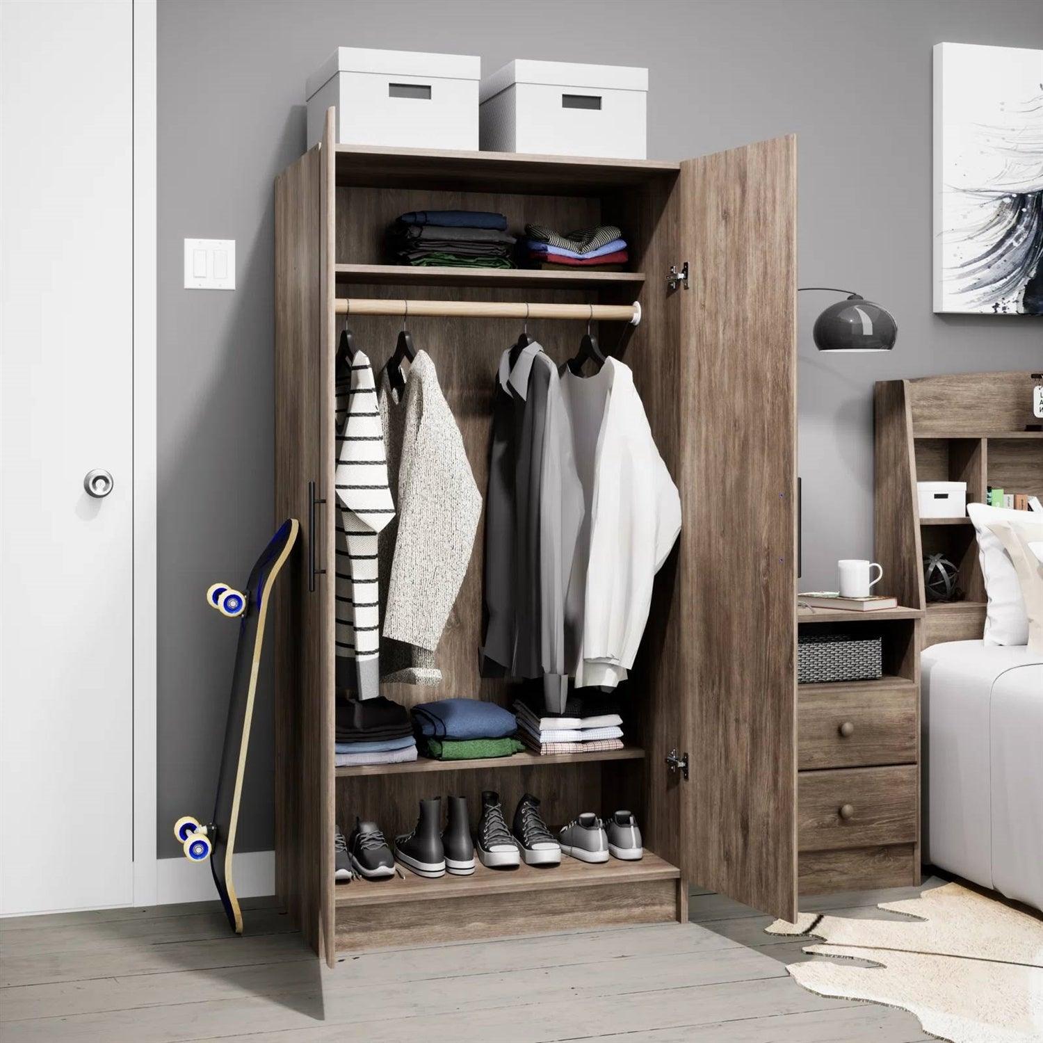 Bedroom Armoire Wardrobe Cabinet with Hanging Rail in Grey Brown Wood Finish - PRHOMZ