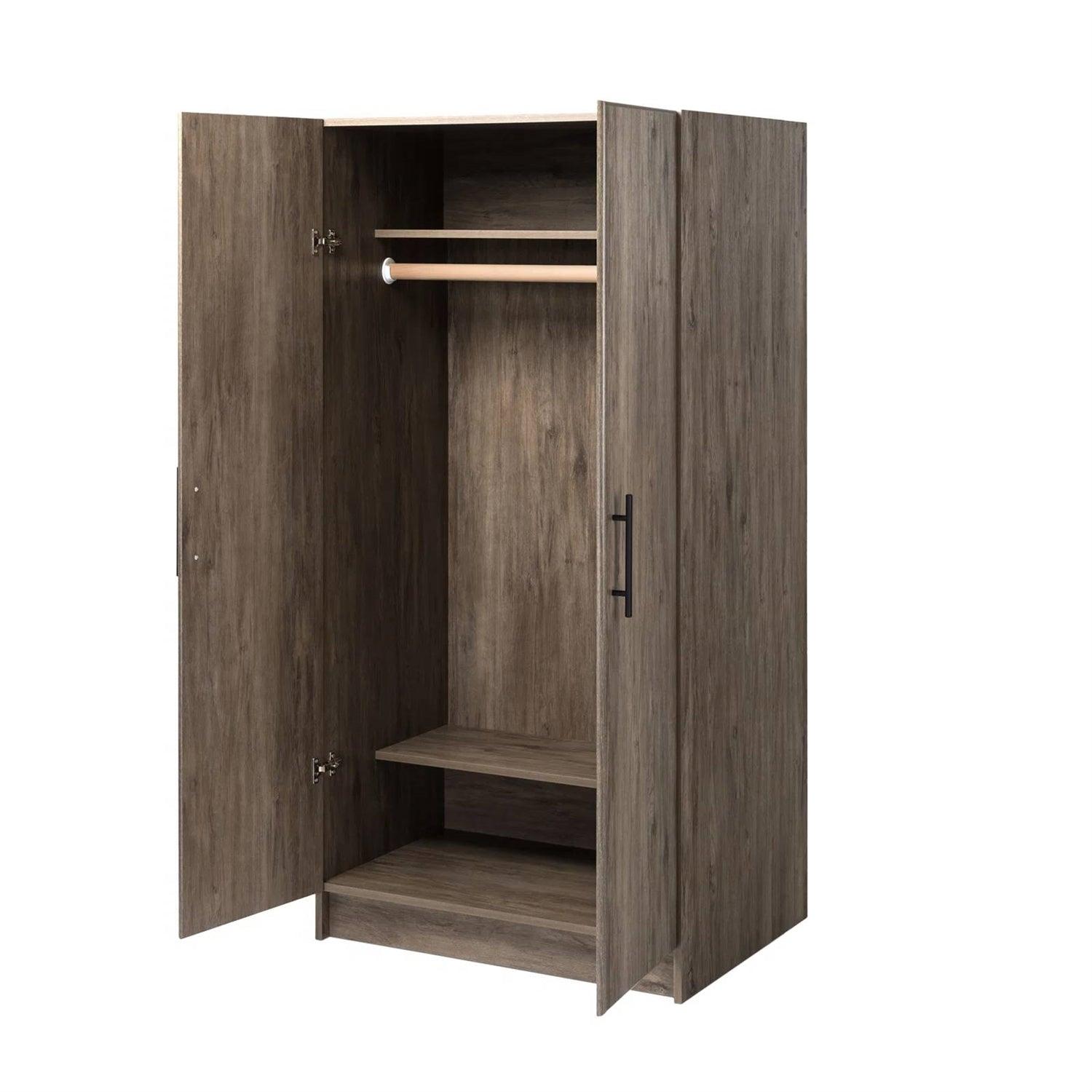 Bedroom Armoire Wardrobe Cabinet with Hanging Rail in Grey Brown Wood Finish - PRHOMZ