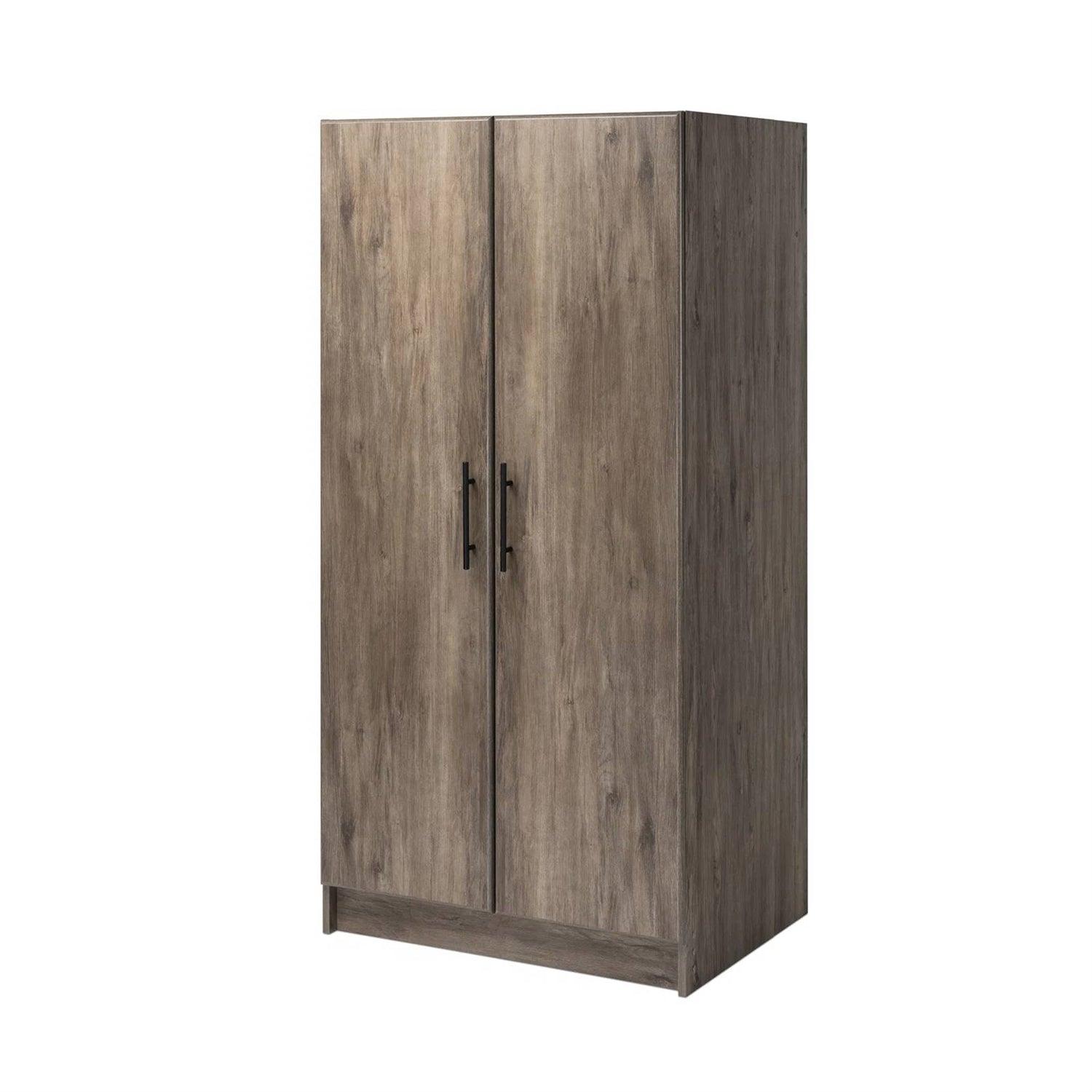 Bedroom Armoire Wardrobe Cabinet with Hanging Rail in Grey Brown Wood Finish - PRHOMZ