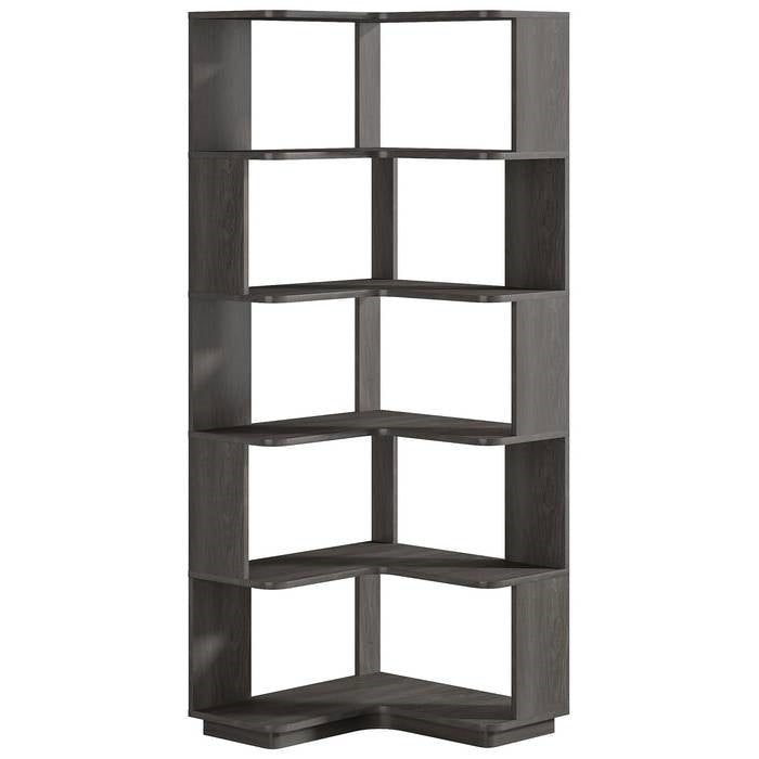 Multifunctional 6 Shelf Corner L-Shaped Bookcase in Dark Grey Wood Finish