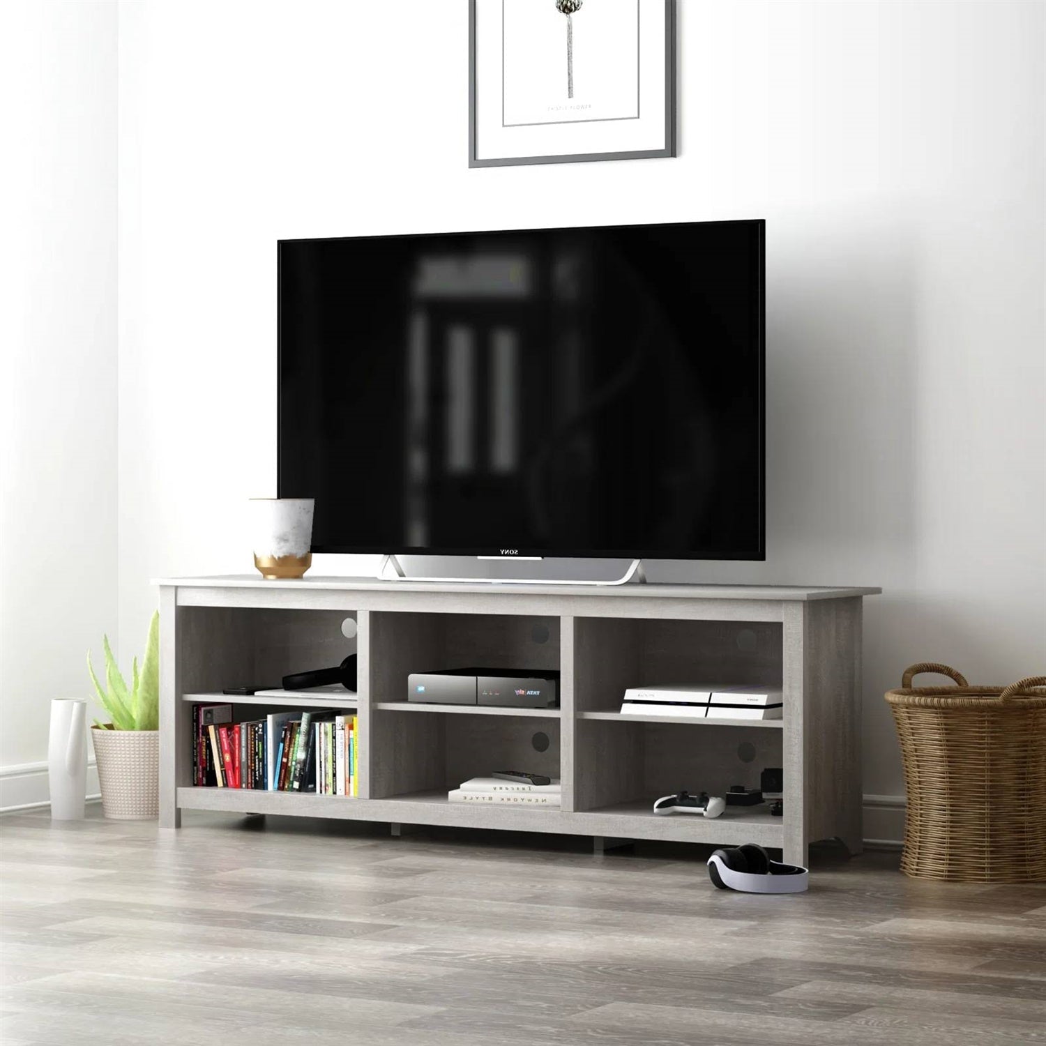 Farmhouse Style TV Stand in Light Grey Oak Wood Finish - for TVs up to 70-inch-1