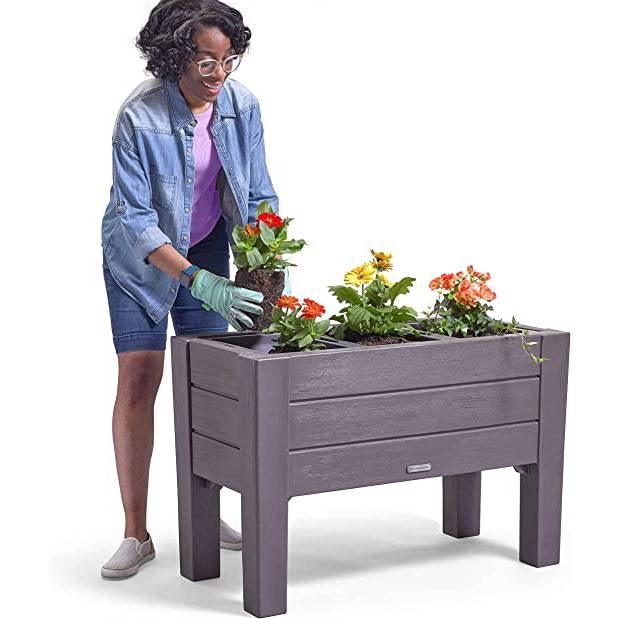 Espresso Rectangular Plastic Raised Garden Bed Planter Box with Removeable Trays - PRHOMZ