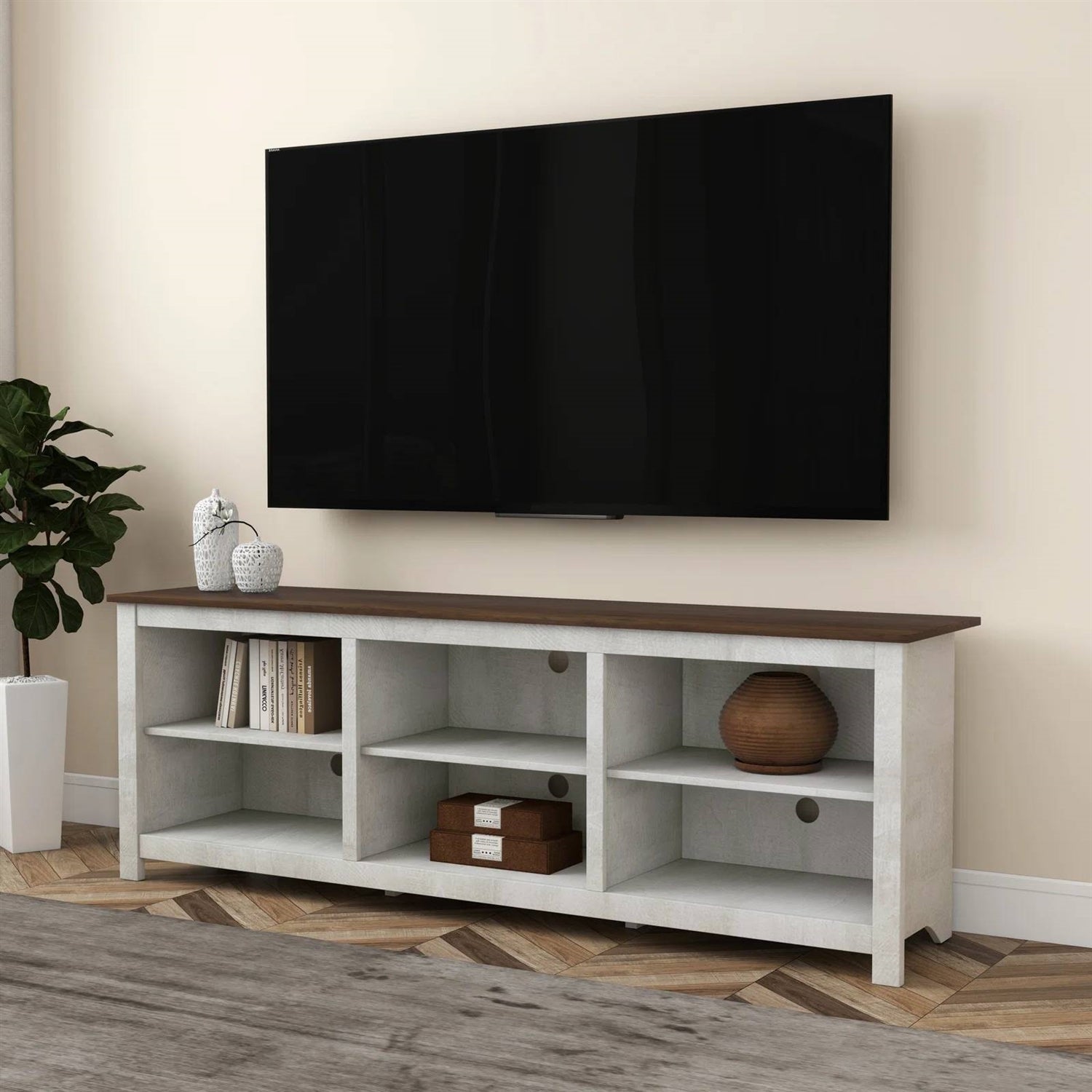 Farmhouse TV Stand in Grey Oak with Brown Wood Finish Top for TVs up to 70-inch-0
