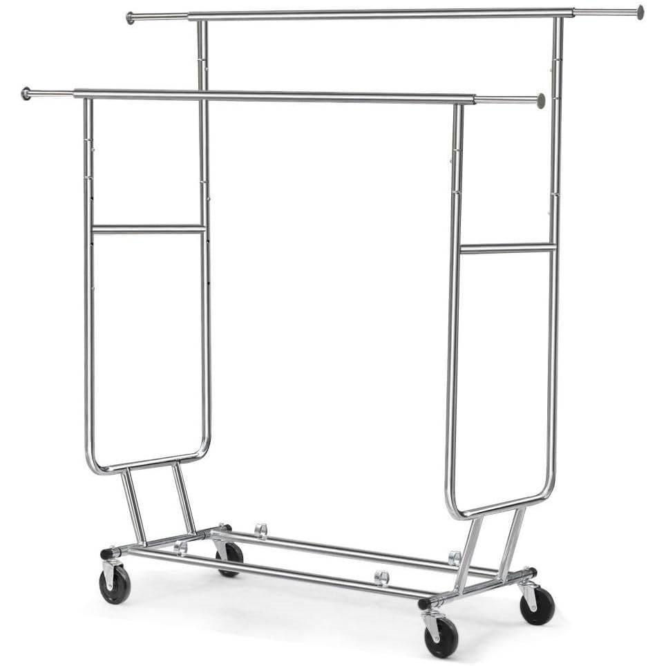 Heavy Duty Double Bar Clothes Hanging Garment Rack on Lockable Wheels - PRHOMZ