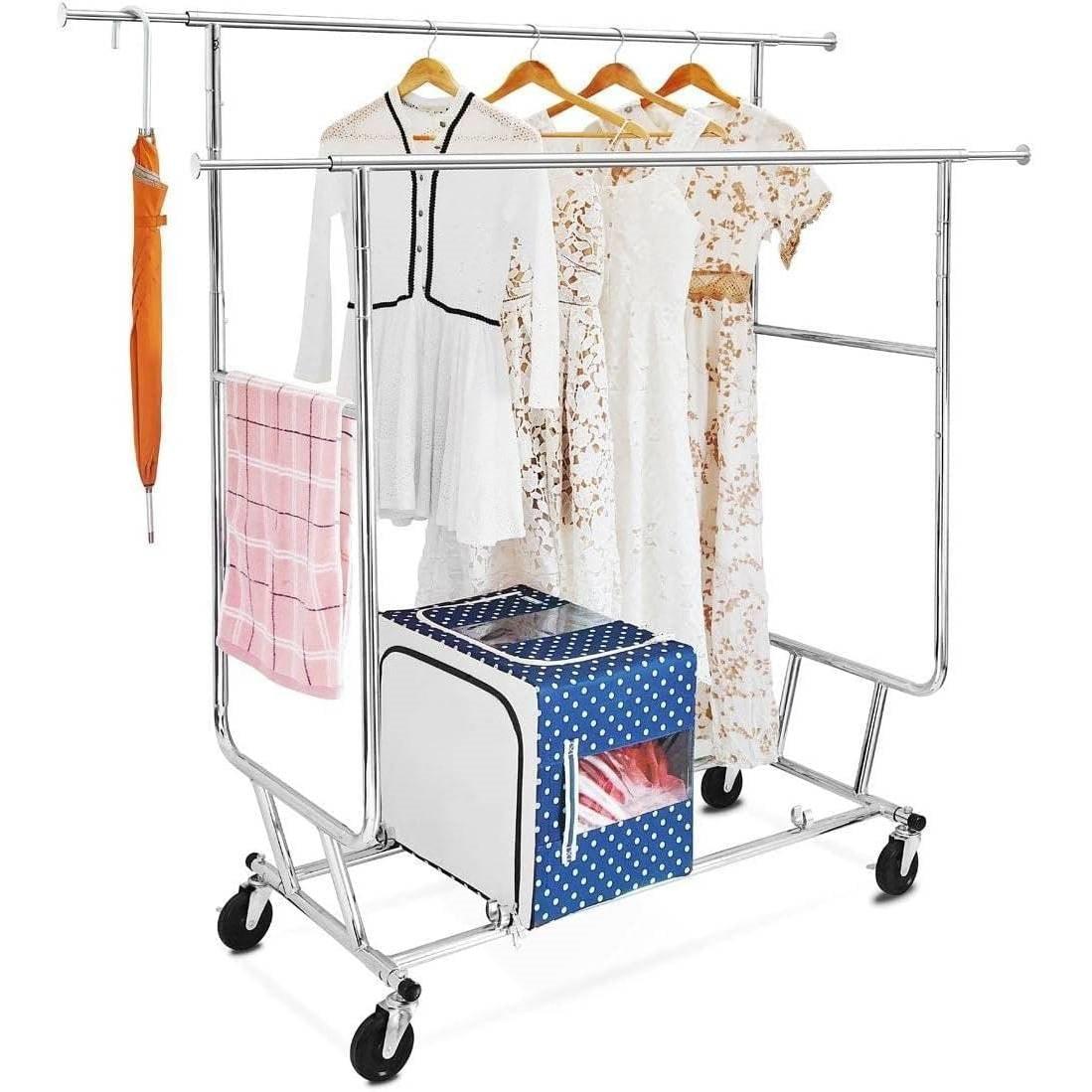 Heavy Duty Double Bar Clothes Hanging Garment Rack on Lockable Wheels - PRHOMZ