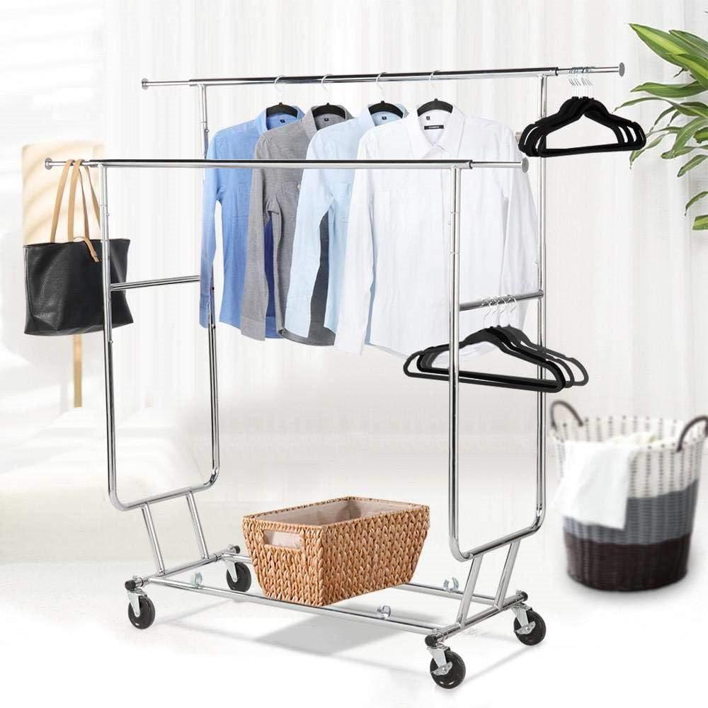 Heavy Duty Double Bar Clothes Hanging Garment Rack on Lockable Wheels - PRHOMZ