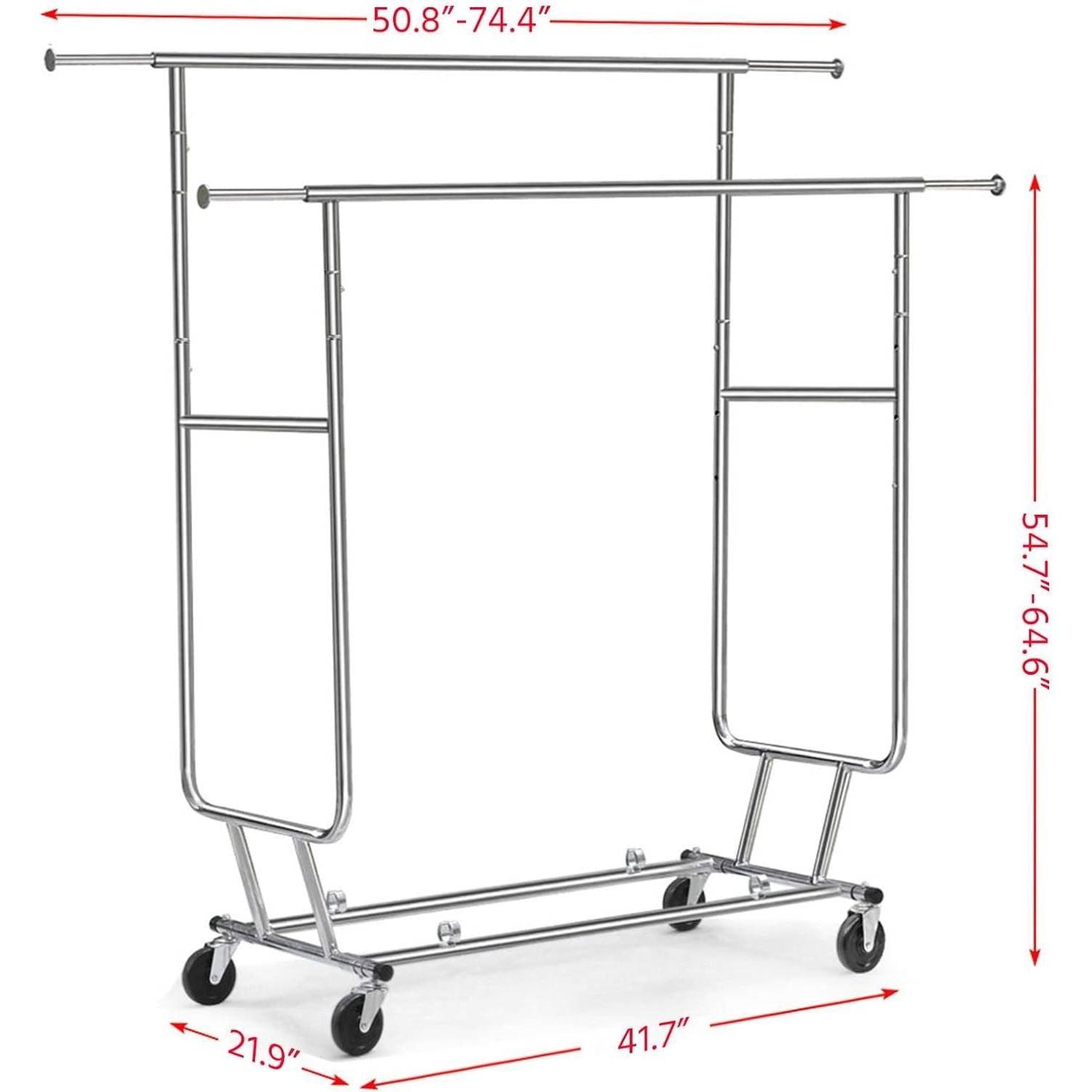 Heavy Duty Double Bar Clothes Hanging Garment Rack on Lockable Wheels - PRHOMZ