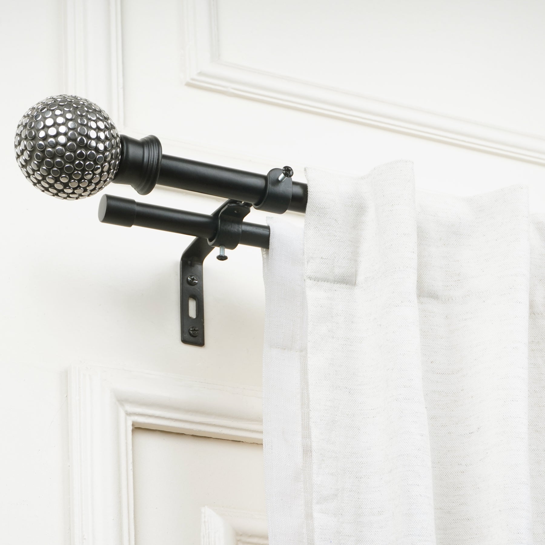 Black Double Curtain Pole with Ball Finials | Extendable & Adjustable | For Bay Windows | Small & Large Windows-1