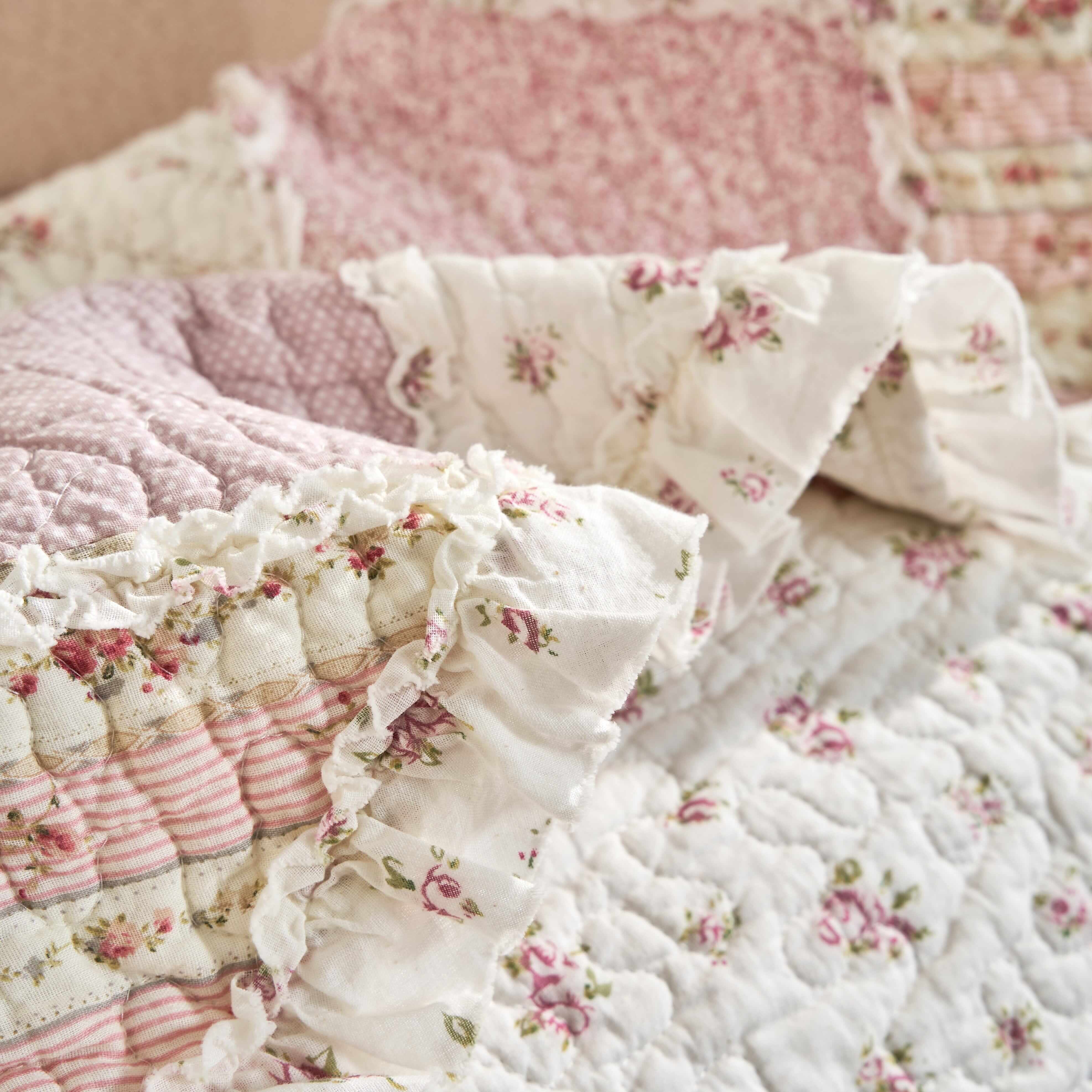 DaDalogy Cotton Patchwork Throw Blanket - Floral Cottage Quilted Reversible Blush Pink & Cream Shabby Chic Botanical Ruffle Design - Vintage Garden Rose Pastel Accents - 50 x 60