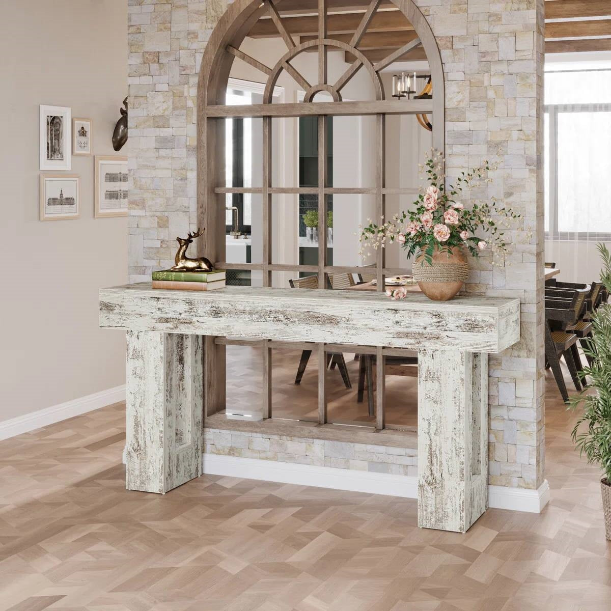 Modern Farmhouse 63-inch Console Sofa Table in Rustic White Wood Finish-1