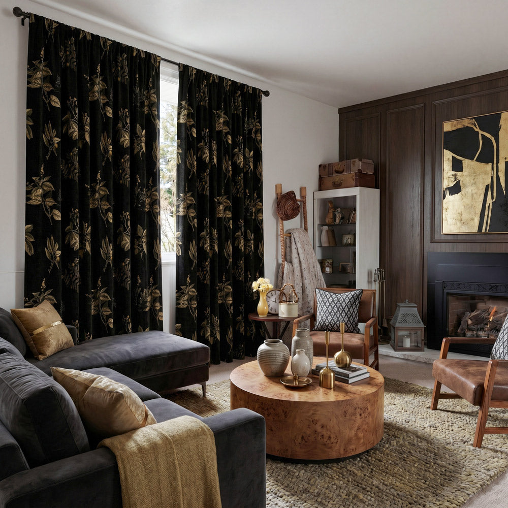Dalila Black Floral Room Darkening Curtains
