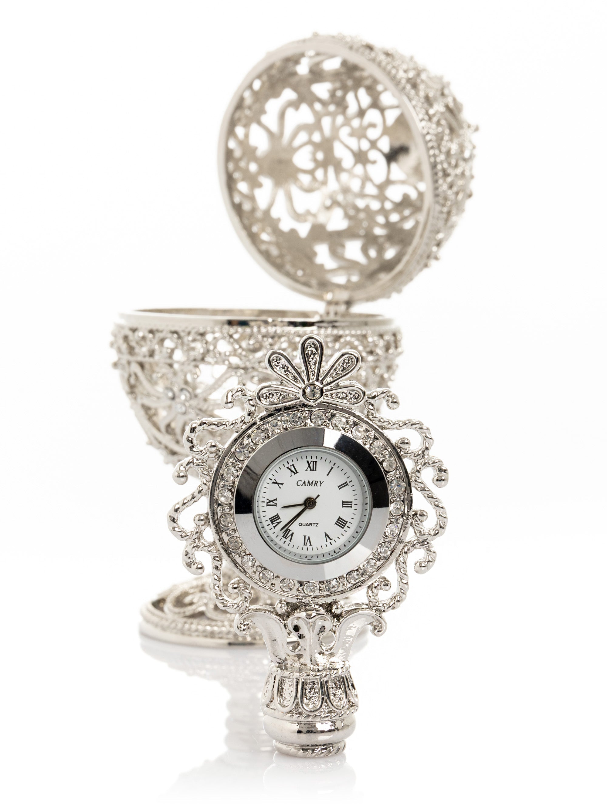 Silver Faberge Egg with Clock Inside-4
