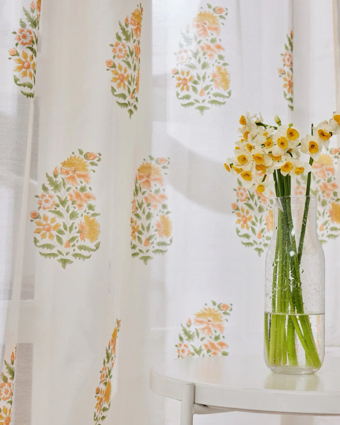 White & Yellow Hand Block Printed Linen Curtains | Floral Bouquet Design-0