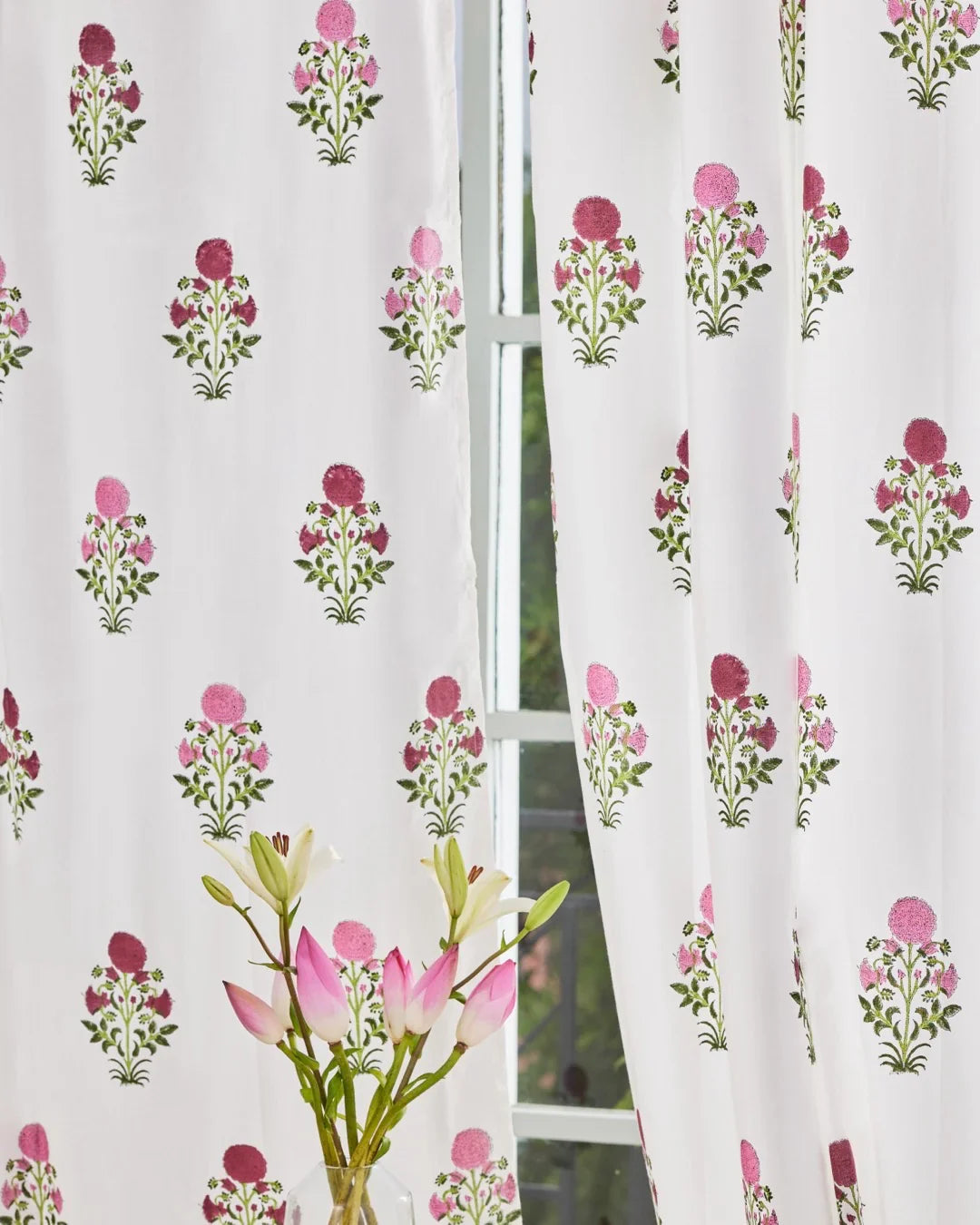 White & Pink Hand Block Printed Linen Curtains | Floral Design-1