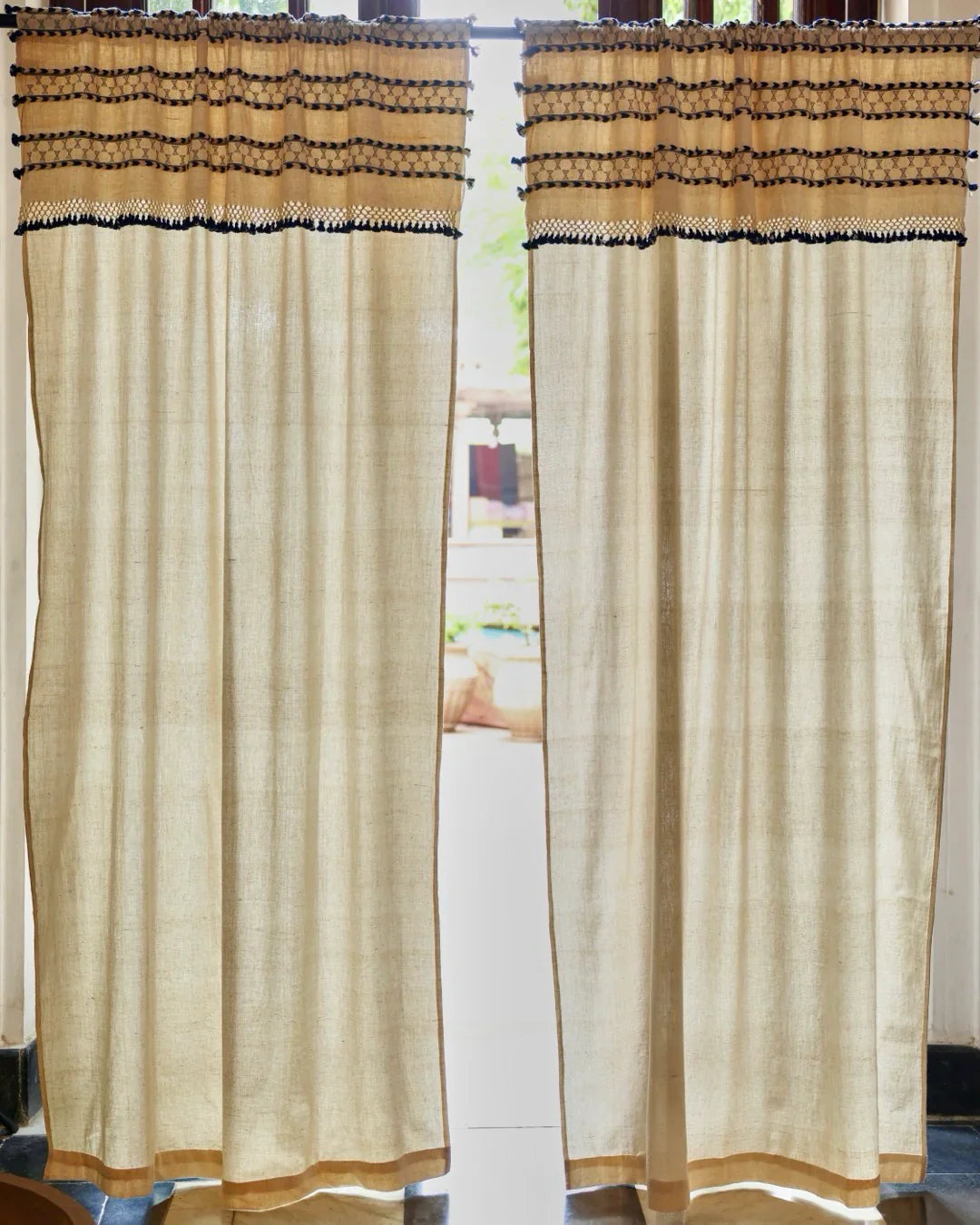 Natural Linen Curtains with Blue Tassels | Rod Pocket-4