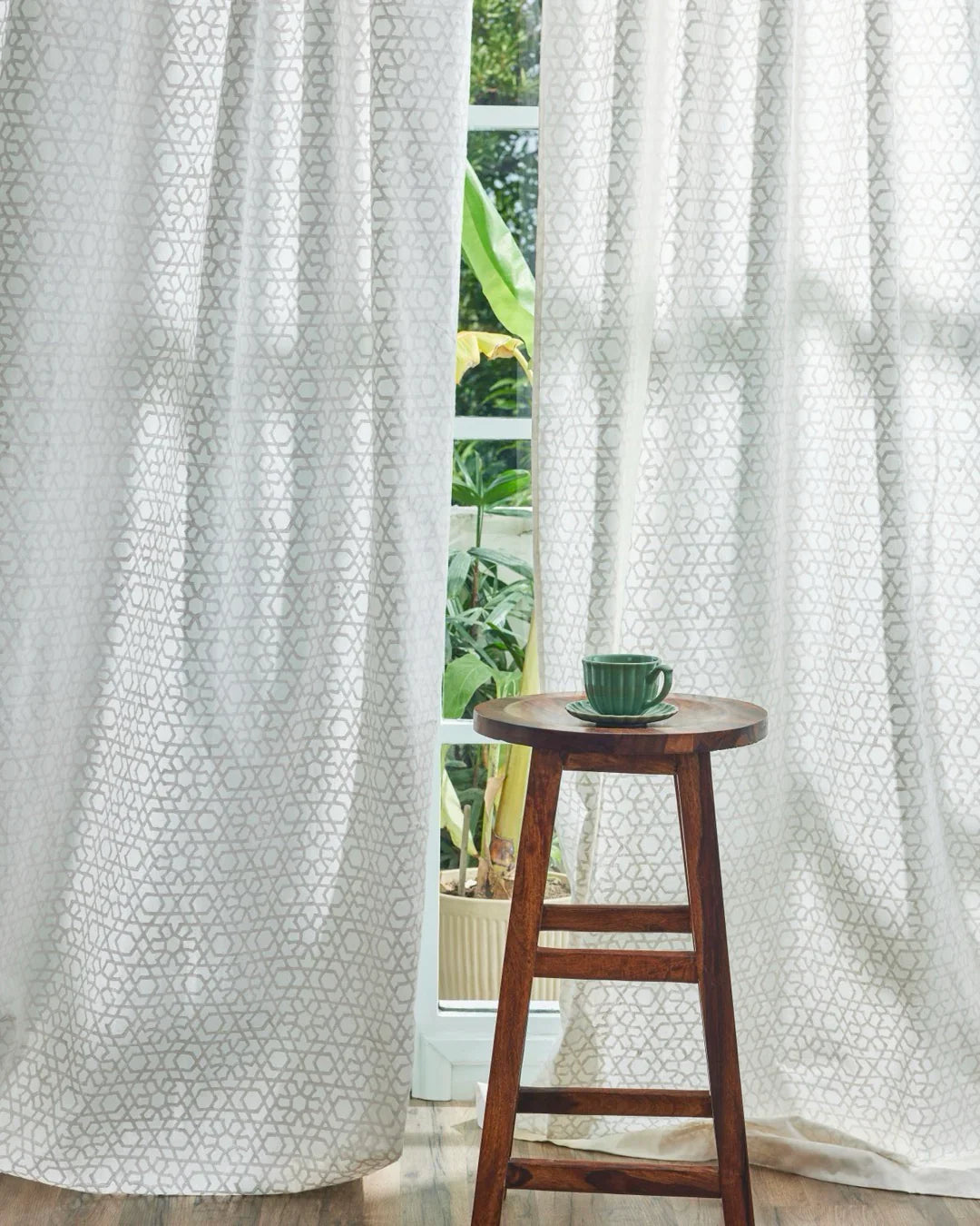 White Hand Block Printed Linen Curtains | Moroccan Geometric Design-1