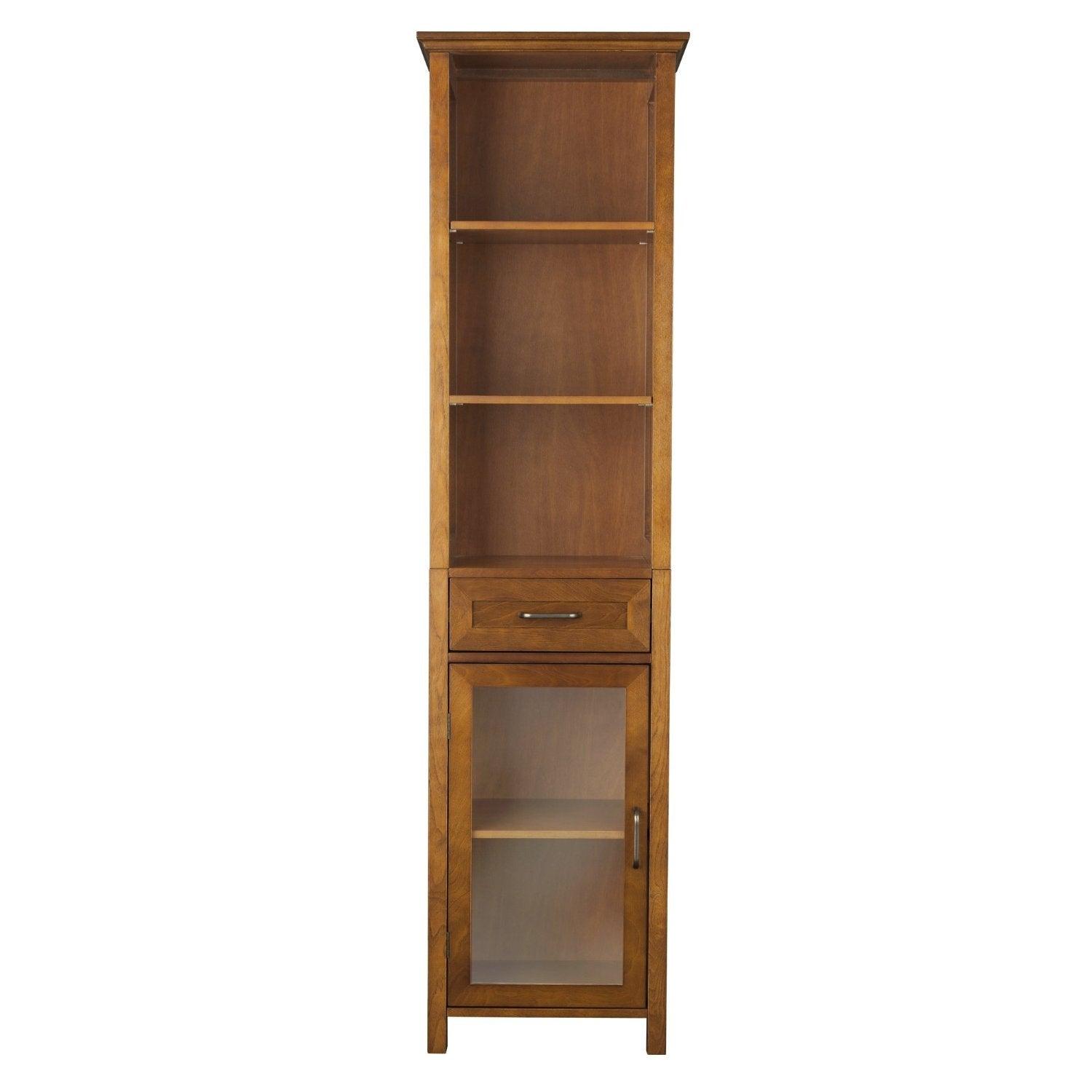 Oak Finish Bathroom Linen Tower Storage Cabinet with Shelves - PRHOMZ