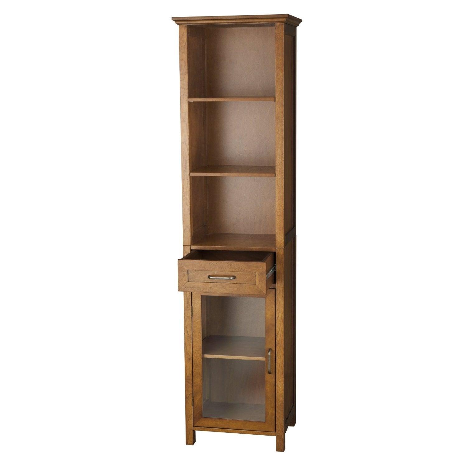 Oak Finish Bathroom Linen Tower Storage Cabinet with Shelves - PRHOMZ