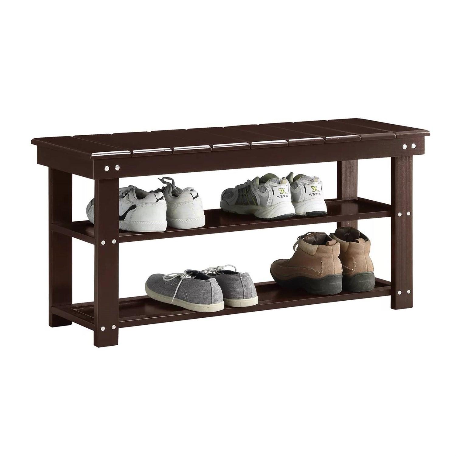 Espresso Brown Wood 2-Shelf Shoe Rack Storage Bench For Entryway or Closet - PRHOMZ