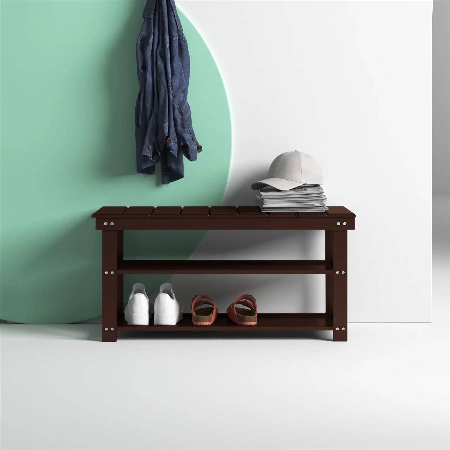 Espresso Brown Wood 2-Shelf Shoe Rack Storage Bench For Entryway or Closet - PRHOMZ