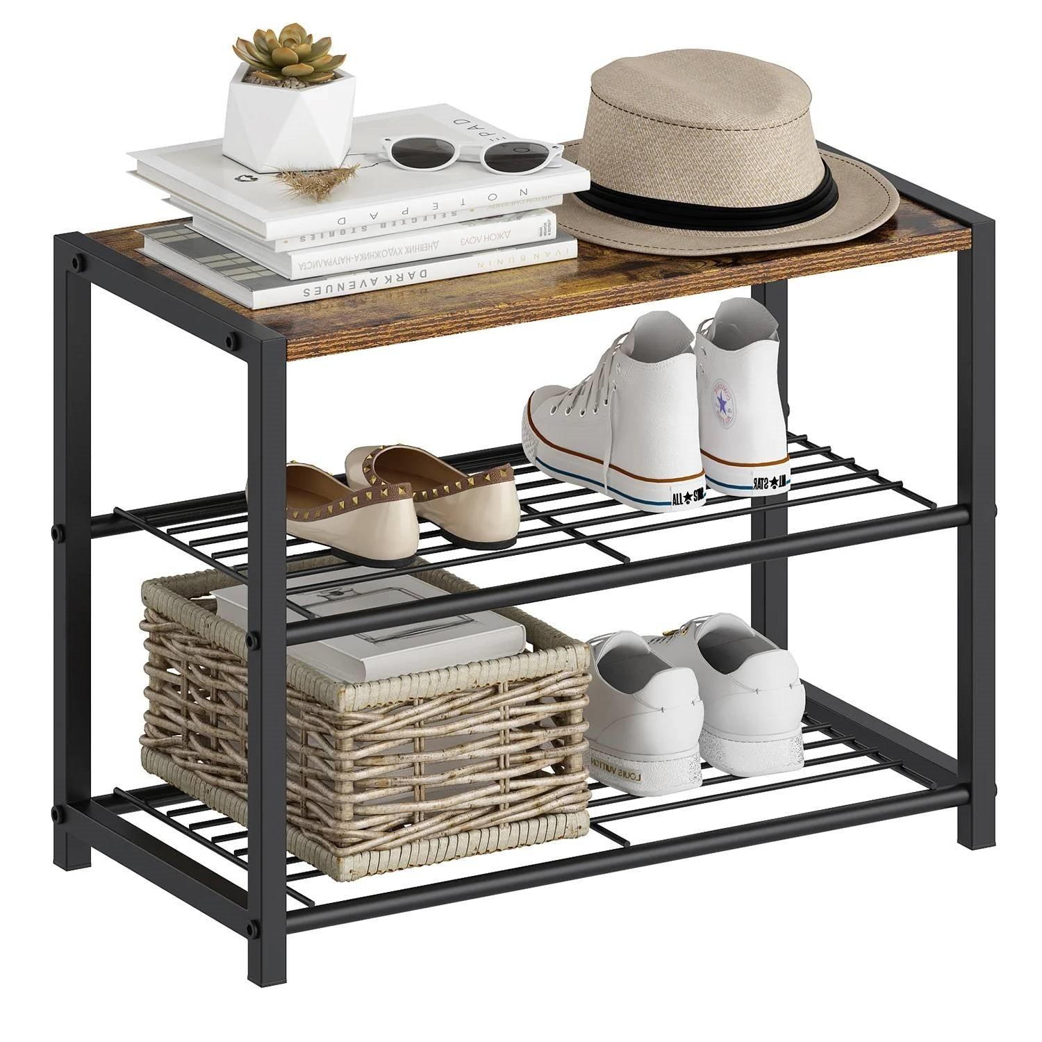 2-Shelf Entryway Shoe Rack Bench with Black Metal Frame and Brown Wood Top - PRHOMZ