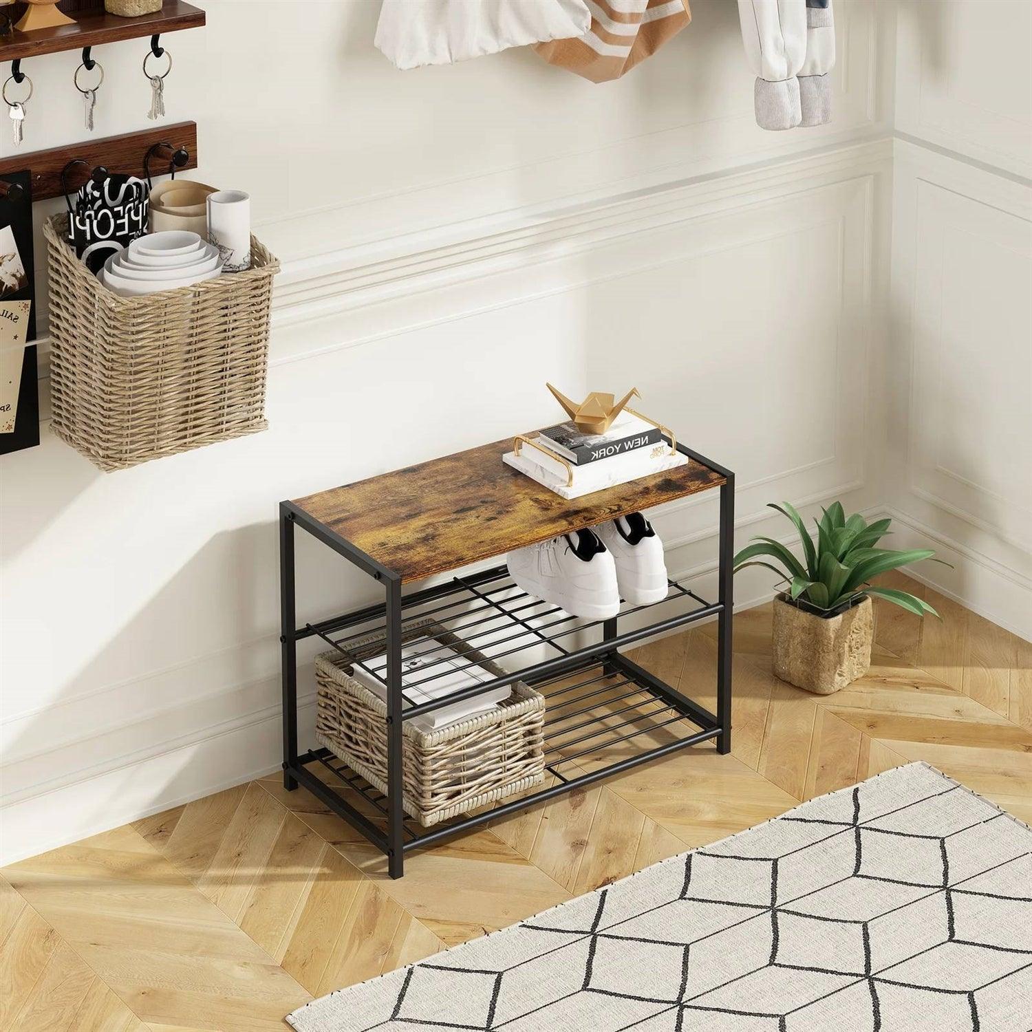 2-Shelf Entryway Shoe Rack Bench with Black Metal Frame and Brown Wood Top - PRHOMZ